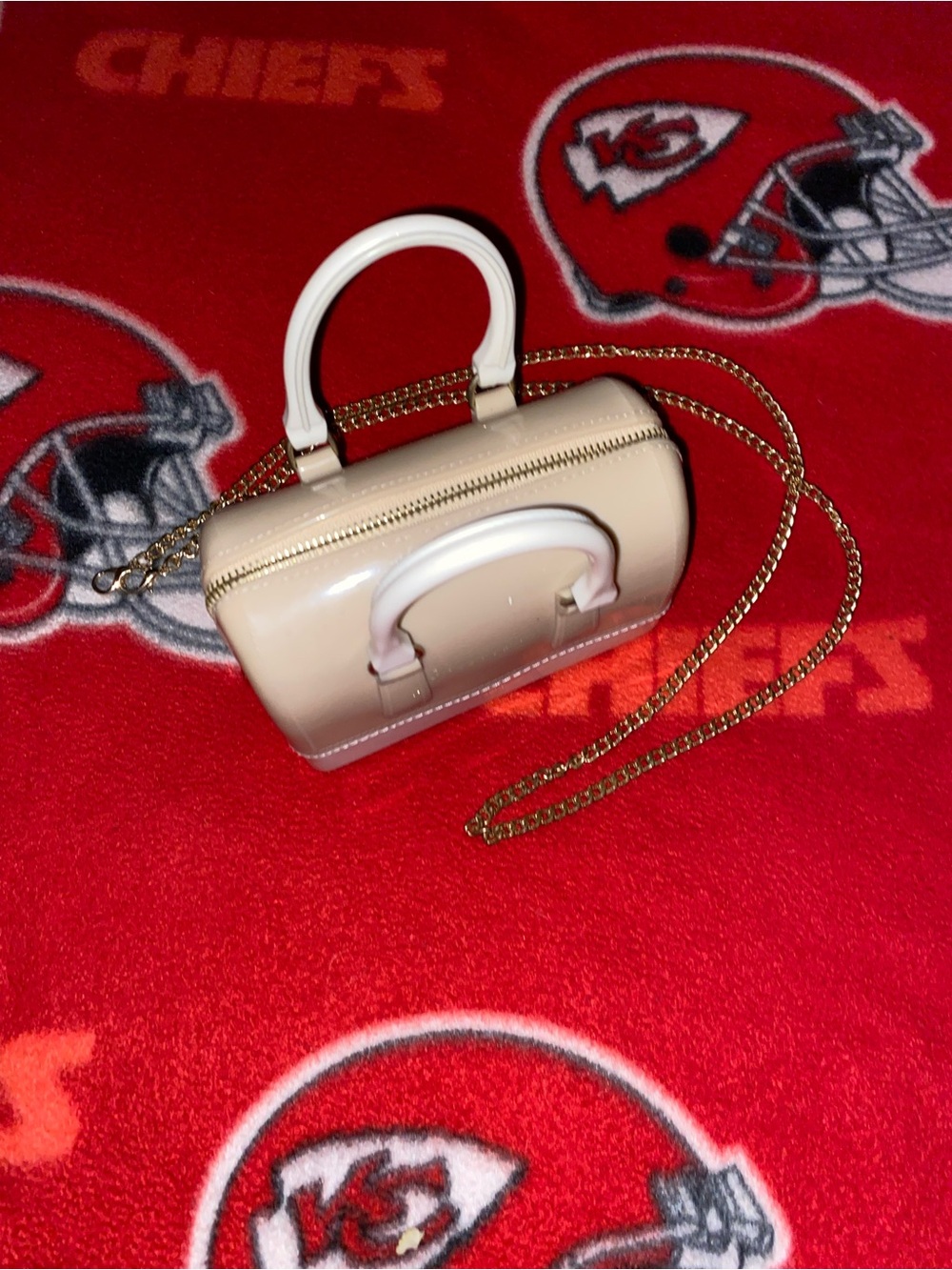 Rubber Beige Mini Satchel with Gold Chain Strap